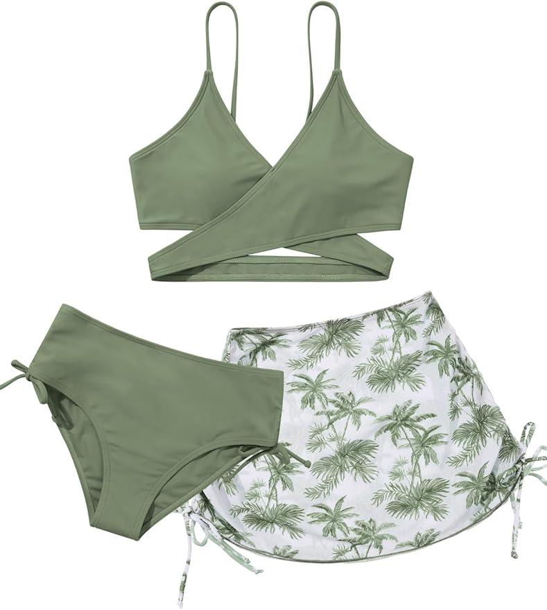 Girls 2 Piece Swimsuits with Skirts Criss Cross Swim Bathing Suits Teen Girls' Swimwear Adjustable Strap Bikini Set (13-14 Years, Green+white Flowers)