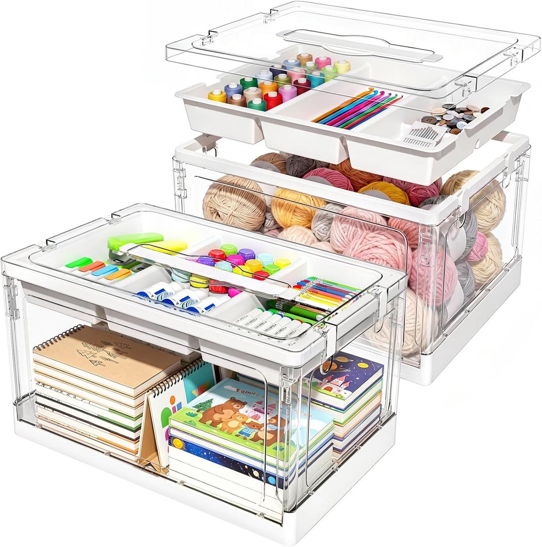 Clear Craft Organizers and Storage with Trays, Art Supply Organizer and Storage, Craft Storage Box with Lid for Beads, Markers, Coloring Books, Sewing, Playdoh and Tools