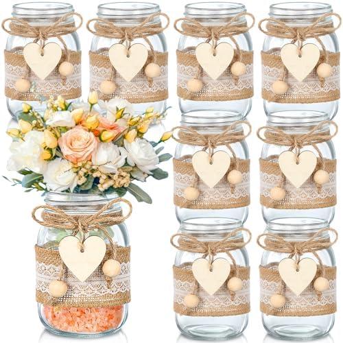 Mumufy 9 Sets Mason Jar Table Centerpiece with Lace Sleeves and Heart Shaped Hemp Rope Rustic Mason Jar Vases Reception Engagement Party Bridal Shower Centerpieces Wedding Table Decorations 