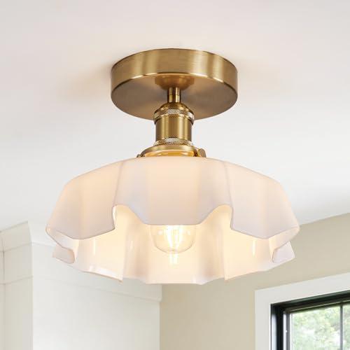 White Semi Flush Mount Ceiling Light, Brass Flush Mount Ceiling Light Vintage Light Fixtures Flower Glass Light Fixtures, Farmhouse Flower Ceiling Light for Kitchen Dinning Room Porch, Bedroom
