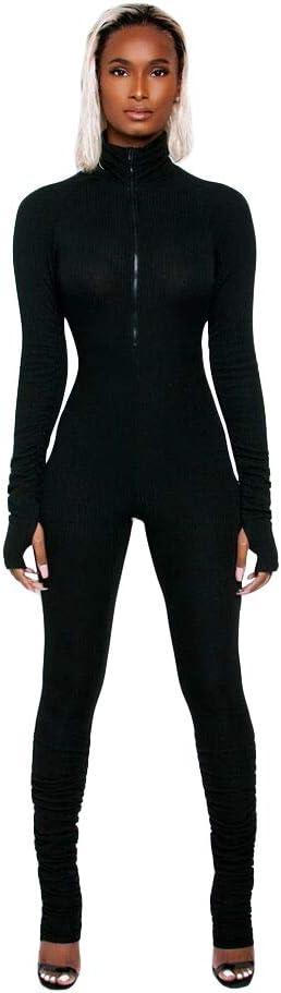 XLLAIS Women High Neck Zipper Ruched Bodycon Jumpsuit Tracksuit with Thumb Hole (Large, Black)