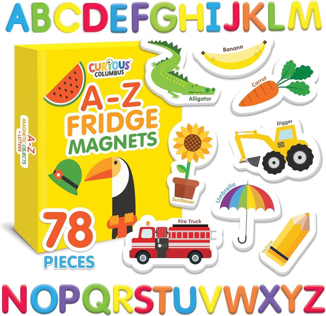 Curious Columbus Magnetic Objects and Letters. Set of 78 Foam Magnets Including 52 Pictures and 26 Uppercase Alphabet Magnets from A-Z, Educational Toy for Preschool Learning