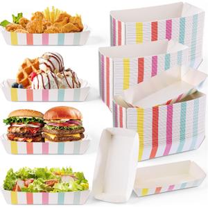 FoldTier 8oz Paper Food Boat Trays 2lb Sturdy Paper Banana Split Boats Disposable Ice Cream Sundae Dishware Bowl Boats Plate for Party Serving Snack Candy Salad(Striped Style,Macaron Color,100 Pack)