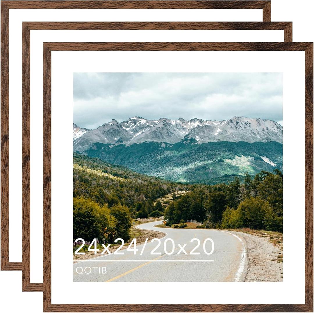 Wood 24x24 Picture Frame with 20x20 Mat Deep Brown, Display 20x20 with Mat or 24x24 without Mat, Wood 24 by 24 Photo Frame, 24 x 24 Frame for Wall Hanging Display, Deep Brown, 3 Pack