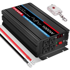 1000W Pure Sine Wave Inverter,1K Watts Power Converter DC 12V to AC 120V Inverter with 4 AC Outlets&USB, Remote Control,USB Output and LED Display Peak 2000 Watts