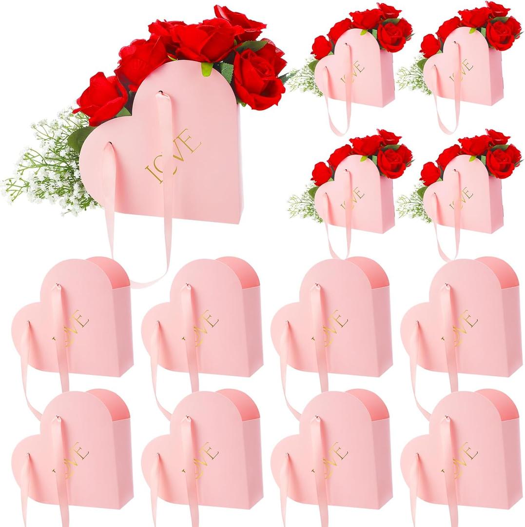 Kolldenn 12 Pcs Heart Shaped Flowers Boxes Valentine Bouquet Storage Bucket Valentine's Day Floral Boxes for Arrangements Paper Floral Bag with Handle Basket Handbag for Florist Bridal Shower(Pink)