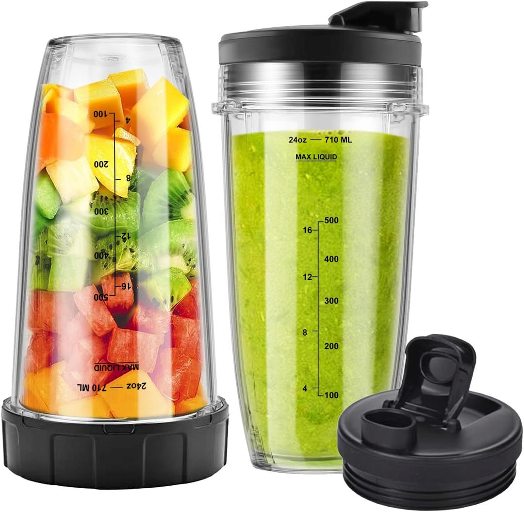 Ninja Blender Cups Replacement and Blade 6pcs, 24oz Ninja Cups for Blender and 7Fins Blade Replacement, Ninja Blender Replacement Parts for Auto iQ BL642-30 BL450-30 BL482-30 BL687CO-30 ect.