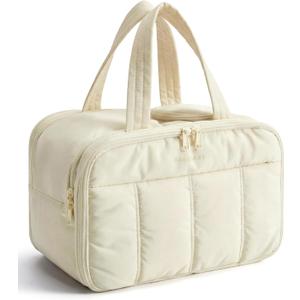 BAGSMART Travel Toiletry Bag, Puffy Large Toiletry Bag for Women, Lightweight Cosmetic Makeup Bag Organizer with Handle for Traveling, Accessories, Essentials, Toiletries Beige