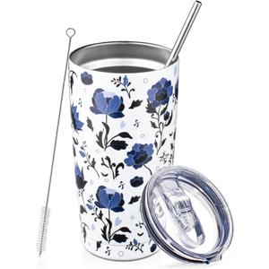 20oz Tumbler with Lid and Straw Double Wall Powder Coated Vacuum Insulated Coffee Tumbler Stainless Steel Travel Coffee Mug Spill-Proof Thermal Cup for Hot and Cold Beverage,Blue and White Porcelain