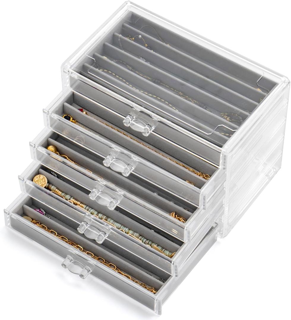 Necklace Organizer Box with 5 Drawers 30 Compartments, Dustproof Velvet Necklace Display Tray, Acrylic Necklaces Display Case, Pendant Chains Necklace Storage Tray Gift for Women and Girls (Grey)