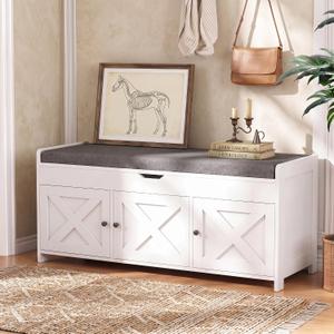 Marsail Shoe Storage Bench with Seating, Farmhouse Entryway Bench with Shoe Storage and Cushion, Under Window Benches Wooden Ottoman for Bedroom, Entry Way, Living Room, White, 15"D x 39.4"W x 18"H
