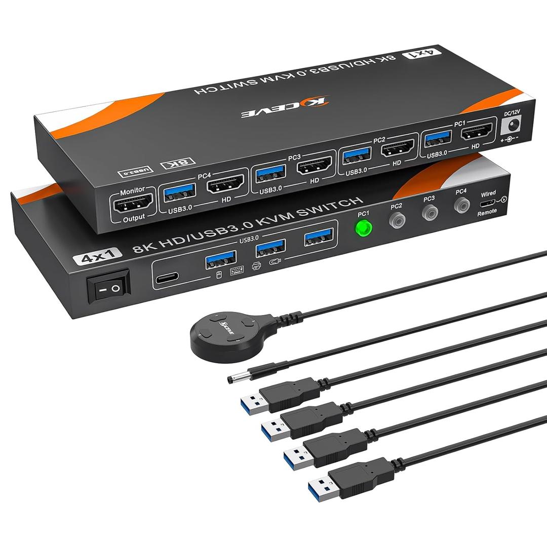 8K HDMI KVM Switch 4 Computers 1 Monitor, 4 Ports USB 3.0 HDMI KVM Switcher Selector, Support 8K@60Hz 4K@144Hz Resolution for 4 Computers Share Mouse Keyboard and Monitor