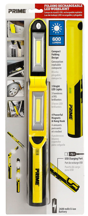 Prime LED Magnetic Hand Free Foldable USB Rechargeable Worklight Hooks 600 Lumen