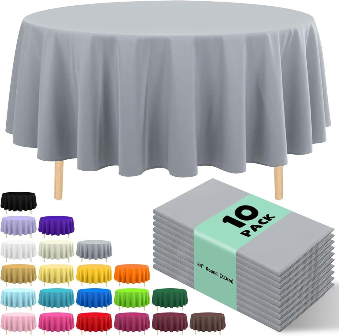 10 Pack Premium Disposable Plastic Tablecloth 84" Round Table Cover for Birthdays Weddings Christmas Anniversary Buffet Table (Silver Grey)