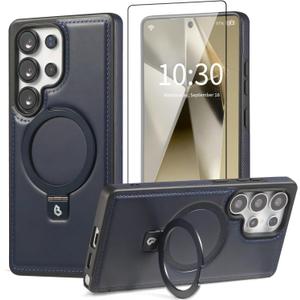 for Samsung Galaxy S25 Plus Case with Stand, Top-Grain Leather Handcrafted Case, Fits for MagSafe (Navy, Samsung Galaxy S25 Plus)