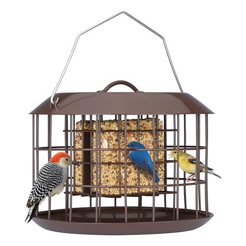 Kingsyard Squirrel Proof Suet Feeder, Cage Bird Feeders for Outdoors Hanging, All Metal, Double Suet Cake Capacity, Tray & Weatherproof, Brown