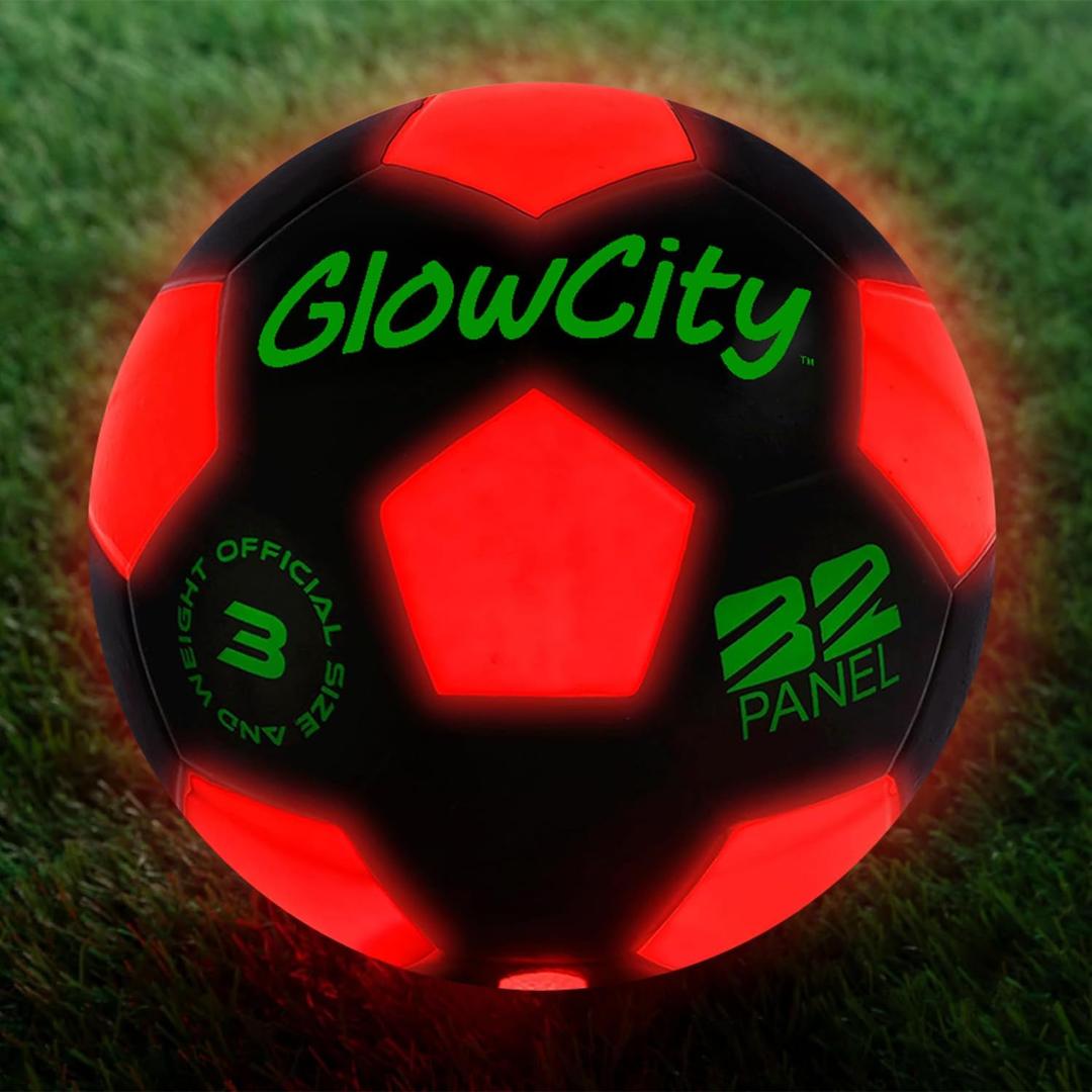 GlowCity Glow in The Dark Soccer Ball | Light Up Indoor/Outdoor Soccer Ball with 2 LED Lights | Pre-Installed Batteries | Fun Gift for Teens