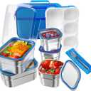 Lunch Box Stainless Steel Bento for Kids Adults Leakproof BPA-Free with Lunch Bag Metal Lunch Containers Tray 5-Compartment with Fork for Boy Food Snack Containers for School Outdoors Navy-Blue