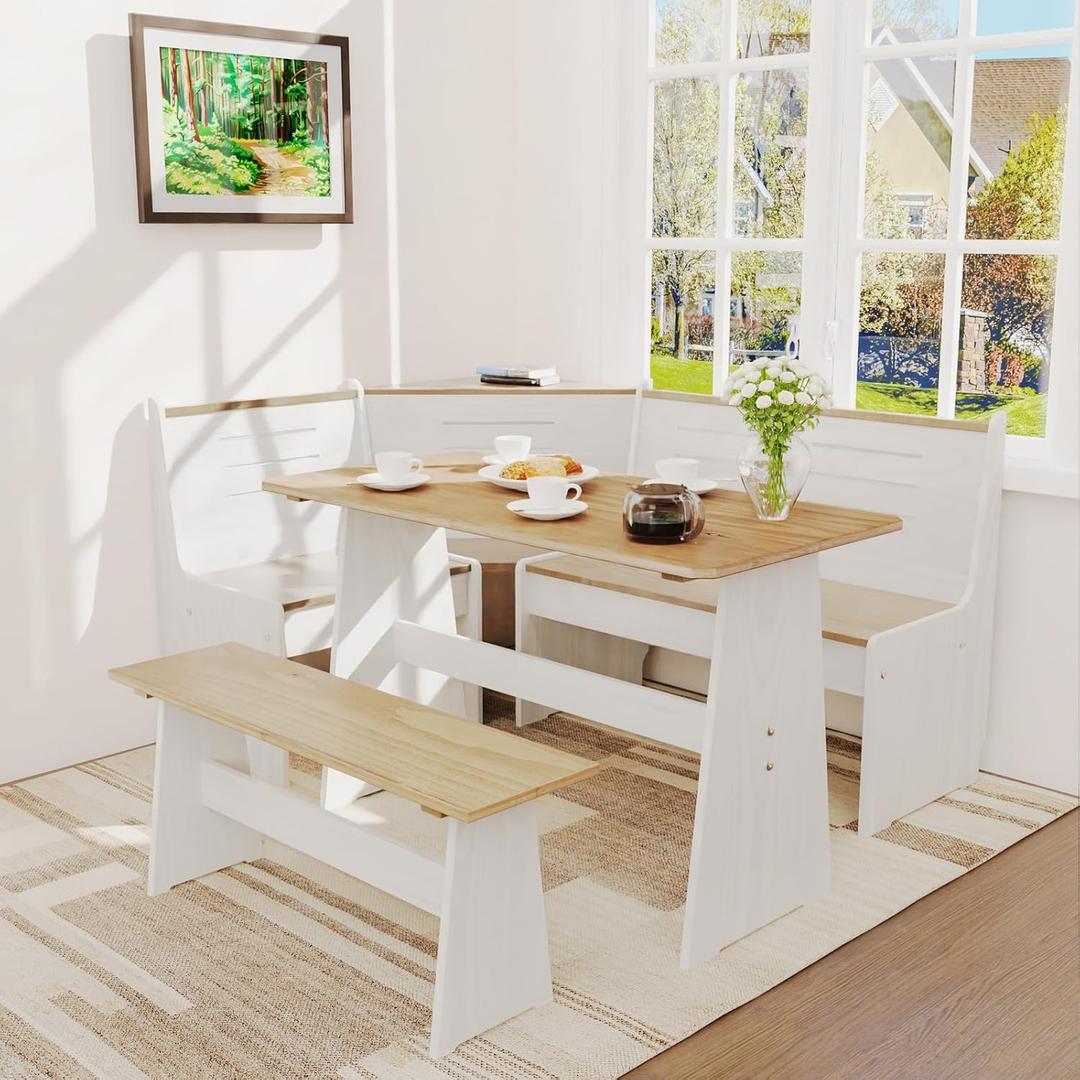 Breakfast Nook Table Set for Kitchen - White Bench Seating for Dining Room with Space Saving Solid Wood L Shaped Corner Dining Table Set Apartment for 4 to 6 People