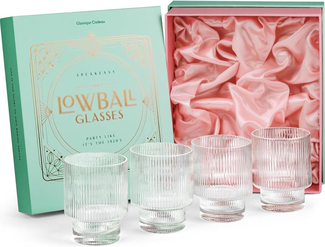 GLASSIQUE CADEAU Vintage Art Deco Ribbed Lowball Cocktail Glasses | Set of 4 | 12 oz Crystal Double Old Fashioned Tumblers for Drinking Classic Whiskey, Gin, Vodka Bar Drinks | Round Glassware