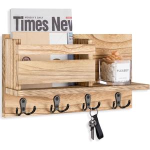 Key and Mail Holder for Wall Decorative - Rustic Mail Organizer Wall Mount, Wooden Letter Sorter Organizer with 4 Key Rack Hooks for Hallway Kitchen Farmhouse Decor (16.5 x 9.1 x 3.4) (Brown)