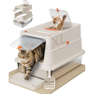 Stainless Steel Litter Box with Flip Lid, XL Extra Large Cat Litter Box with High Sided Top Entry Design, Anti-Leakage Enclosed Metal Litterbox for Big Cats, with Handle, Mat, Pedal & Scoop, Beige