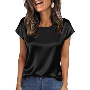 Nfsion Tops for Women Silk Satin Cap Short Sleeve Blouse Square Neck Shirts Business Casual Outfits (L)
