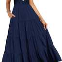 Women's Nursing Dresses Smocked Crew Neck Summer Sleeveless Tiered Maxi Dress with Pockets (Large, Navy)