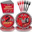 Grencian 96Pcs Race Car Two Fast Decorations 2nd Birthday Party Plates and Napkins Racing Themed Disposable Tableware Set for 2 years old Boys Transportation Birthday Party Serve 24