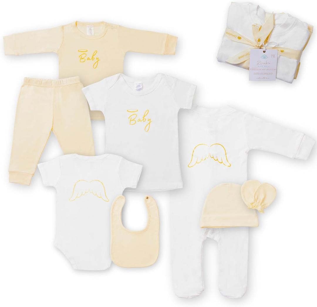 8-Piece Baby Layette Set, Newborn Boy Clothes, Viscose Gender Neutral Baby Gift Sets, Newborn Clothes Girl (3-6 Month, Beige White Angel)