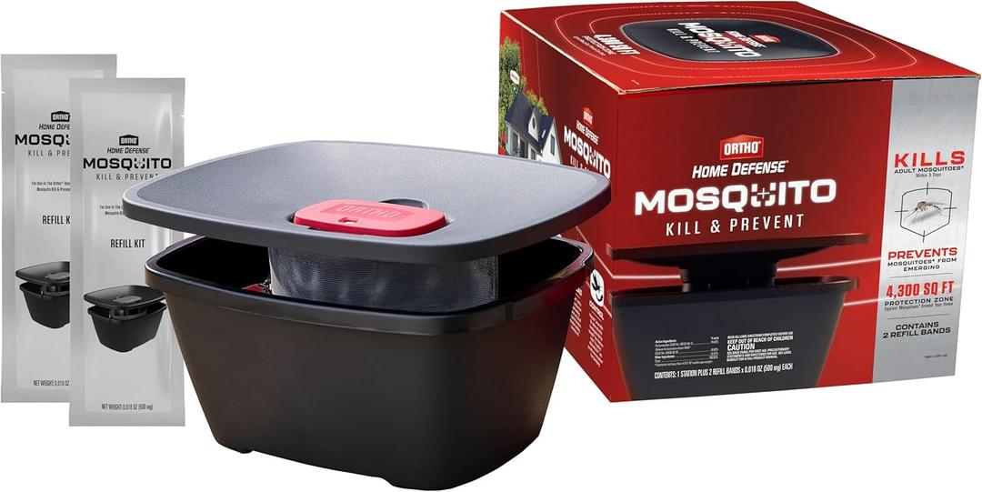 Ortho Home Defense Mosquito Kill and Prevent - Controls Mosquitoes and Larvae, Silent, Easy-to-Use, Mosquito Killer Protects up to 4,300 sq. ft., 1 Station & 2 Bands for 2 Months Protection