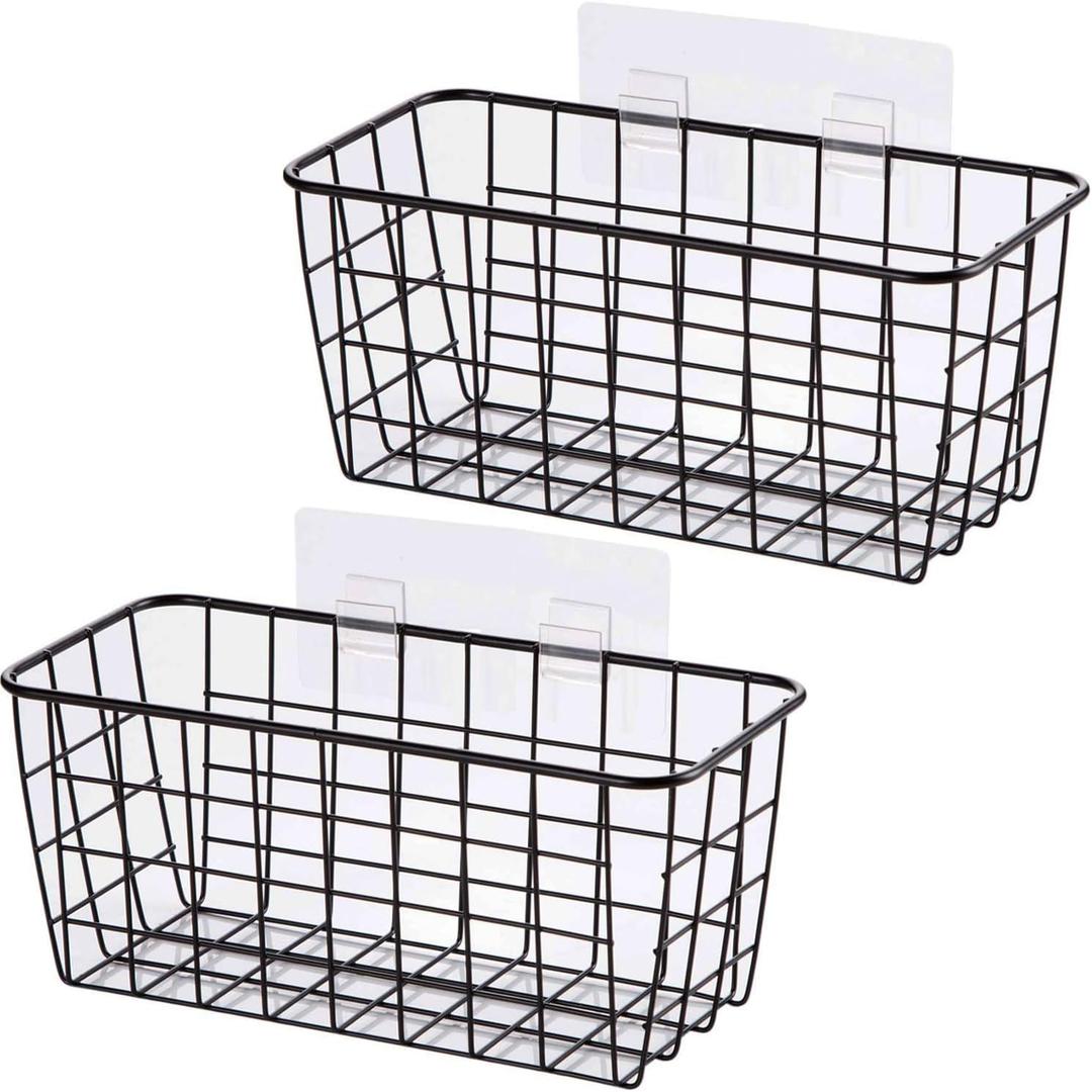 2 Set Adhesive Hanging Wall Basket Inside Cabinet Door Organizer,Wall StorageBasket-No Drilling Adhesive wall Basket for Cupboard Door, Space-Saving Small Hanging Baskets for Wall Mount Storage,Black
