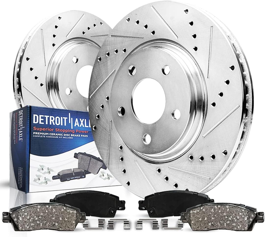 Detroit Axle - Front Brake Kit for Toyota Camry Avalon Lexus ES350 ES300h Drilled & Slotted Brake Rotors Ceramic Brakes Pads Replacement Brake Rotors