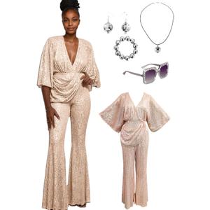 70s Disco Outfit Woman Sequin Jumpsuit Costume Outfits V-Neck for Women with Disco Ball Accessories (Gold, M)