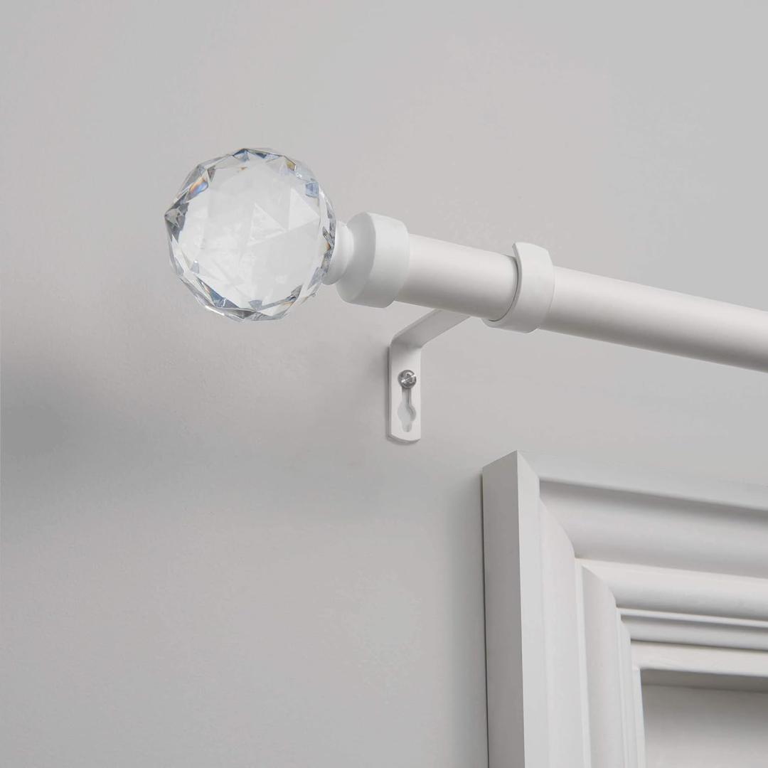EXCLUSIVE HOME Crystal Ball 1" Curtain Rod and Coordinating Finial Set, Matte White, Adjustable 66"-120"