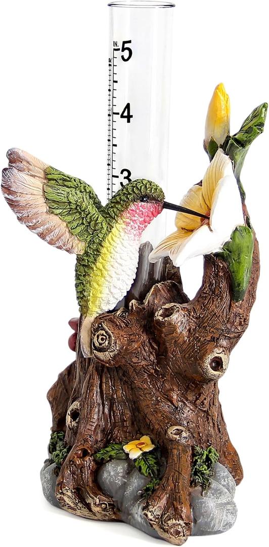 Hummingbird Rain Gauges Outdoor, Resin Hummingbird Garden Statue with a Plastic Rain Gauge, Hand Painted Birds Sculpture 5 Inch Water Gauge for Rain, Yard Patio Decor for Spring Summer