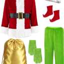 Christmas Green Furry Monster Santa Costume for Men 8 PCS Deluxe Adult Santa Suit Xmas Holiday Outfit Set Include Mask 2XL (XX-Large)