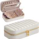 SONGMICS HOME Travel Jewelry Case, Travel Jewelry Box Organizer with Mirror, 4.1 x 8 x 2.4 Inches, Stitching, Portable, Gift Idea, Cloud White UJBC180W01