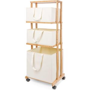 Homde Laundry Basket 3 Tier Bamboo Storage Shelf with Wheels Removable Container with Handle Freestanding Clothes Hamper Organizer for Bathroom Living Room Bedroom (Natural), Large