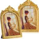 2 Pcs Vintage Gold Frames 5x7 Gold Frames with Glass Floral Relic Hand Crafted Resin Antique for Tabletop Display, Retro Design Home Decor (Novel)