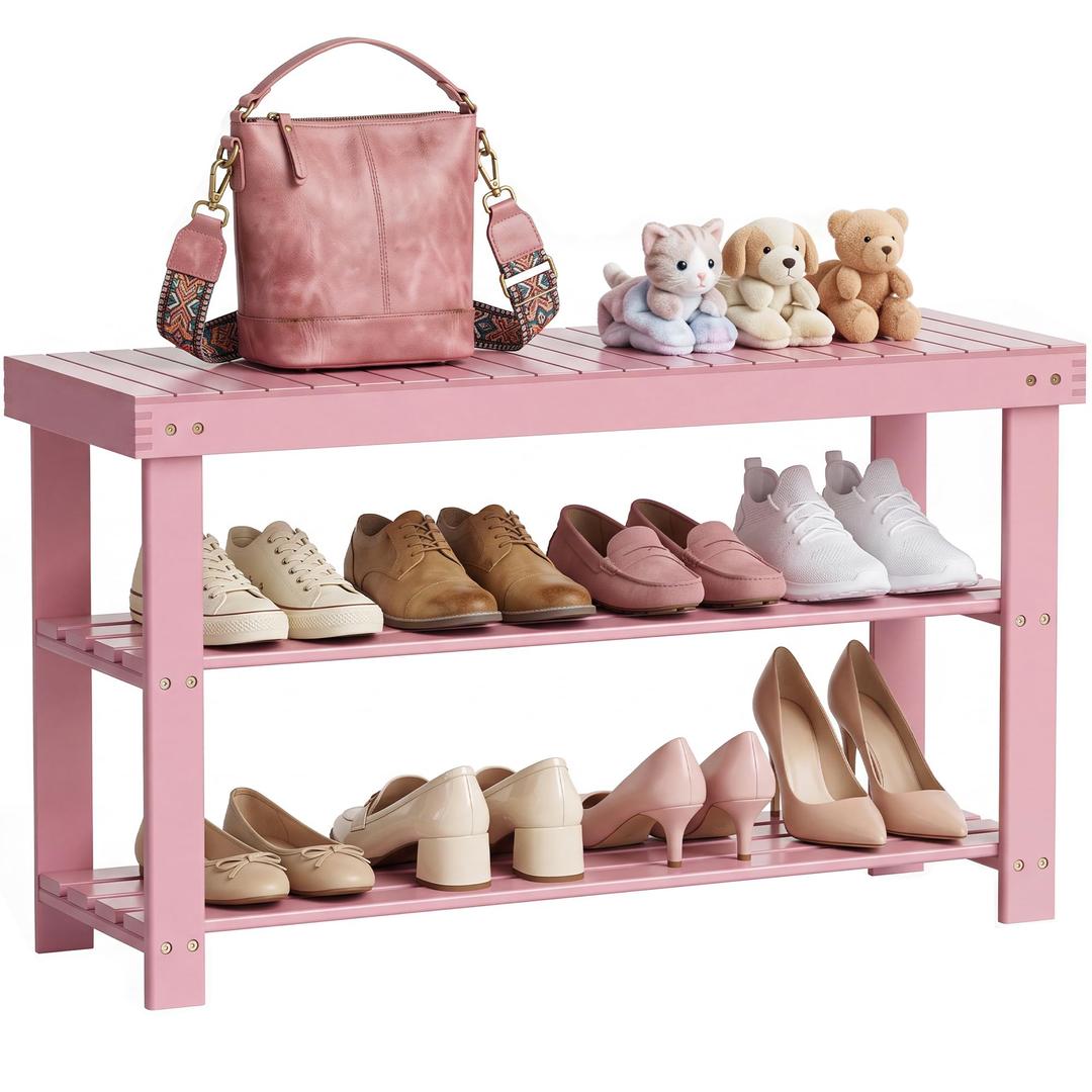 SMIBUY Bamboo Shoe Rack Bench, 3-Tier Shoe Organizer Storage Shelf for Entryway Hallway Bathroom Living Room (Pink)
