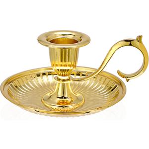 OwnMy 1 Vintage Candlestick Holder Decor, Antique Brass Taper Candle Holder with Carry Handle and Candle Drip Catcher Tray, Eleagnt Taper Candle Stand for Wedding Dining Table Centerpiece, Gold