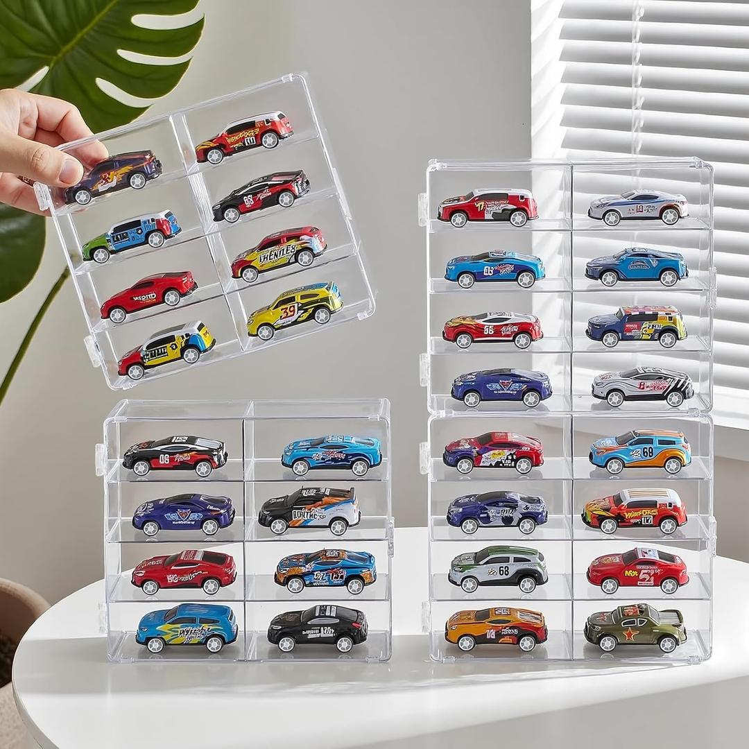 1/64 Scale Matchbox Wheels Toy Car Display Case Holds 32 Toy Cars Storage Organizer, Clear Display Box with Clear Snap-On Dust Cover 6.5 X 7.5 X 1.6 Inches 4 Pack