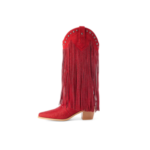 Women's Rhinestone Fringe Cowgirl Boots, Sparkly Western Cowboy Boots Pointed Toe Knee Block Chunky Middle Heel Pull On Mid Calf Boots for Women Girl Party, 12