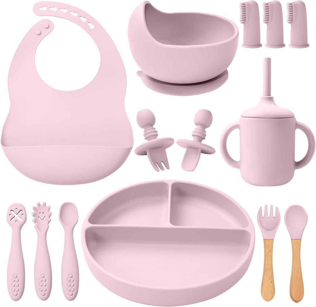 LITTLE RAWR Silicone Baby Feeding Set 14 Pcs, Baby Led Weaning Supplies, Baby Spoons Suction Bowl Divided Plate Bib Cup Finger Brush, First Stage Solid Food Eating Utensils - 6+ Months(Light Pink)