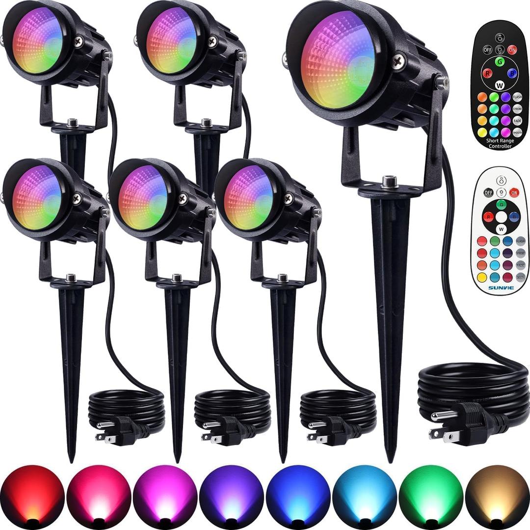 SUNVIE RGBW Spot Lights Outdoor Color Changing Landscape Lighting 12W LED Outdoor Spotlights with Remote Control 120V Waterproof Colored Spotlights for House Garden Yard Tree Decorative, 6 Pack