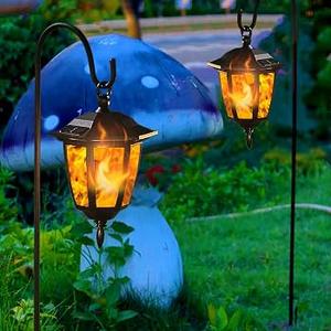 2 Pack Solar Flame Hanging Lights Outdoor, Halloween Solar Flickering Flame LED Garden Lanterns with 2 x 38 Inch Shepherd Hooks, Christmas Lighting for Lawn Patio Yard Pathway Driveway