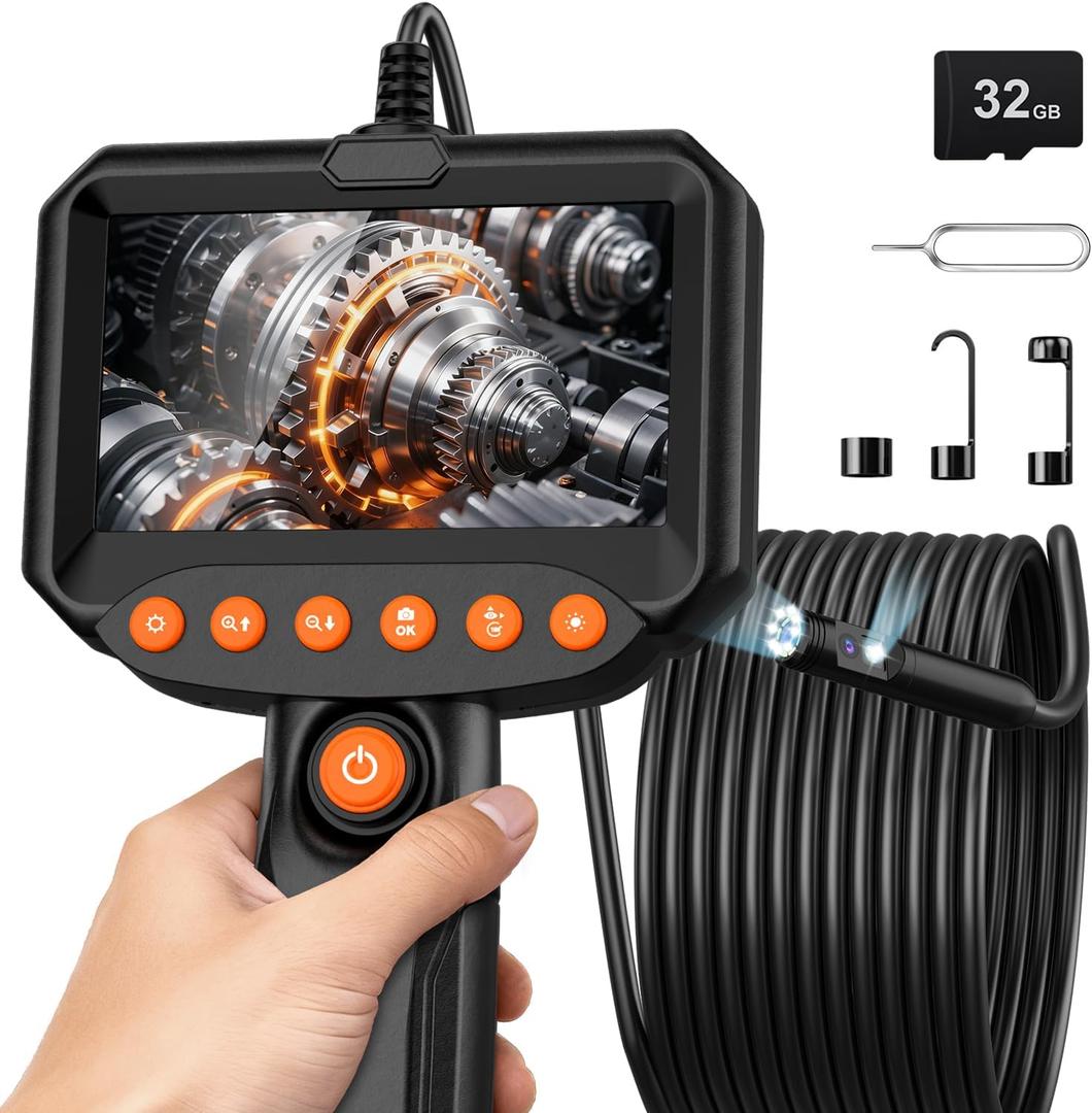 Dual Lens Endoscope Camera with Light, 1920P HD Industrial Borescope with 4.3" LCD, IP67 Waterproof Inspection Camera, 16.4FT Semi-Rigid Cable, 8 LED Lights 32GB Card, for Sewer Pipe Car Repair(Black)