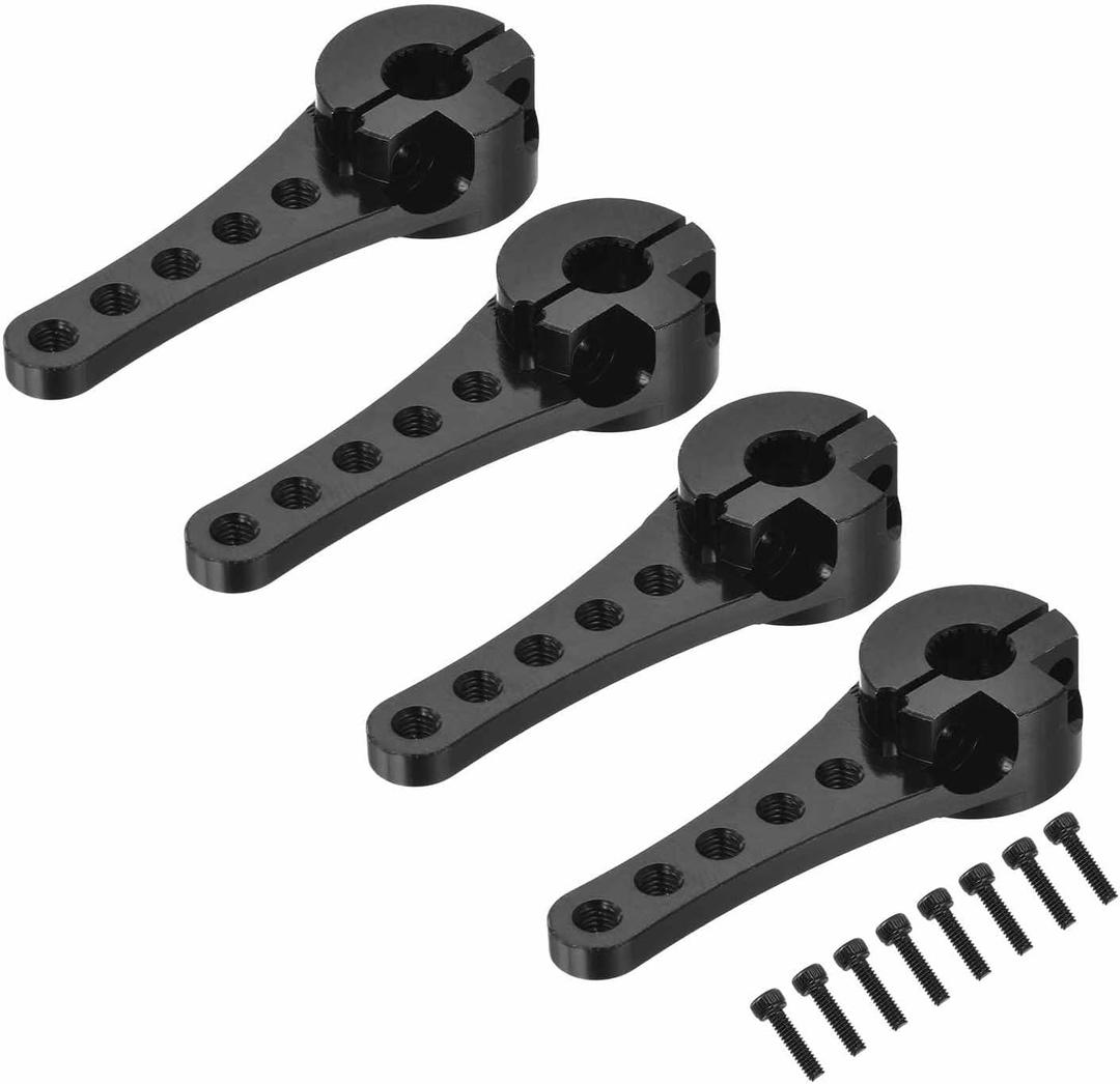 MECCANIXITY 4 Pcs Aluminum Servo Horn Long 25T 25 Teeth Steering Arm 46mm Length Black for DIY RC Car/Boat/Airplanes Boat Model with 2 Pcs Screws