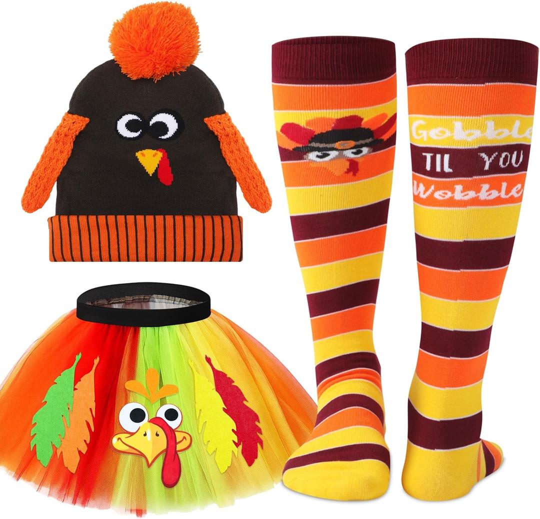 Vicenpal Thanksgiving Turkey Costumes Set for Women Thanksgiving Tutu Turkey Headband and Sock for Cosplay Party